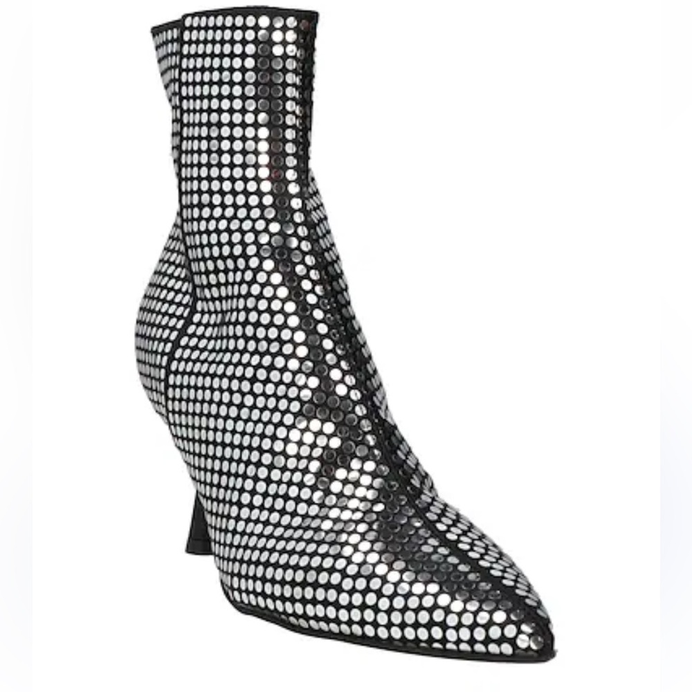 NEW AGL Black Sequins Silver Leather Pointed Toe Side Zip Ankle Boots 40 US 9